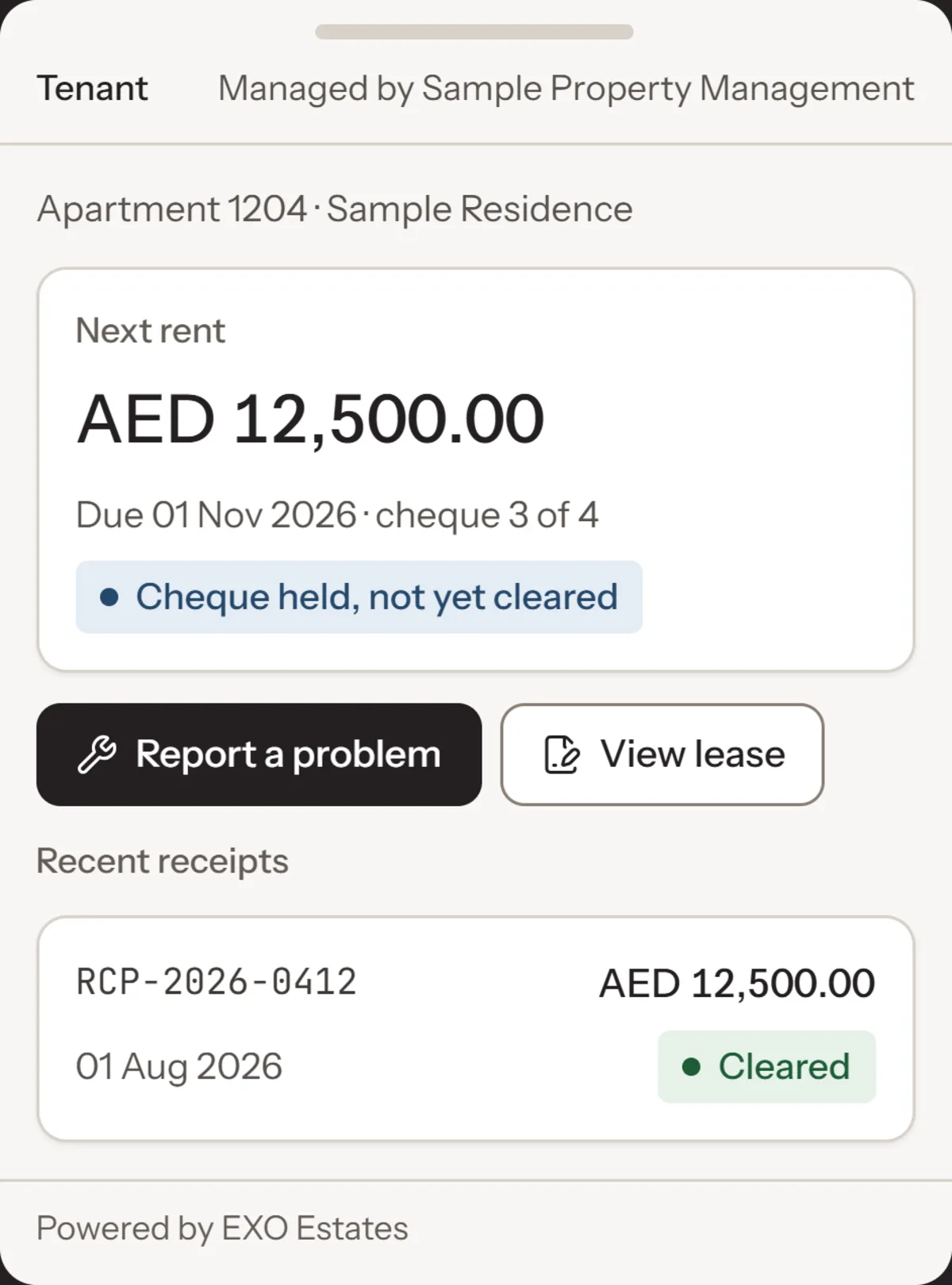 EXO Estates tenant app: next rent, cheque status and receipts