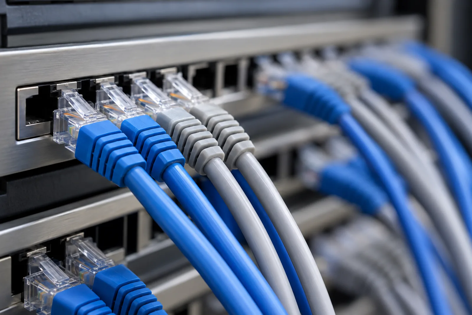A neatly cabled network patch panel in a server rack