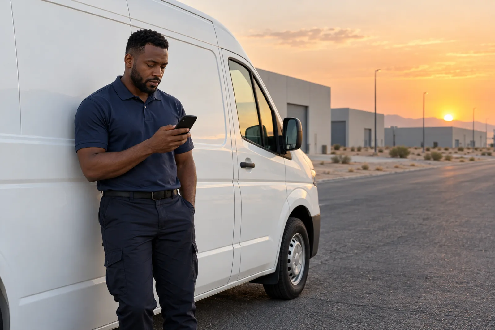 A delivery driver checking a phone app beside his van at dusk