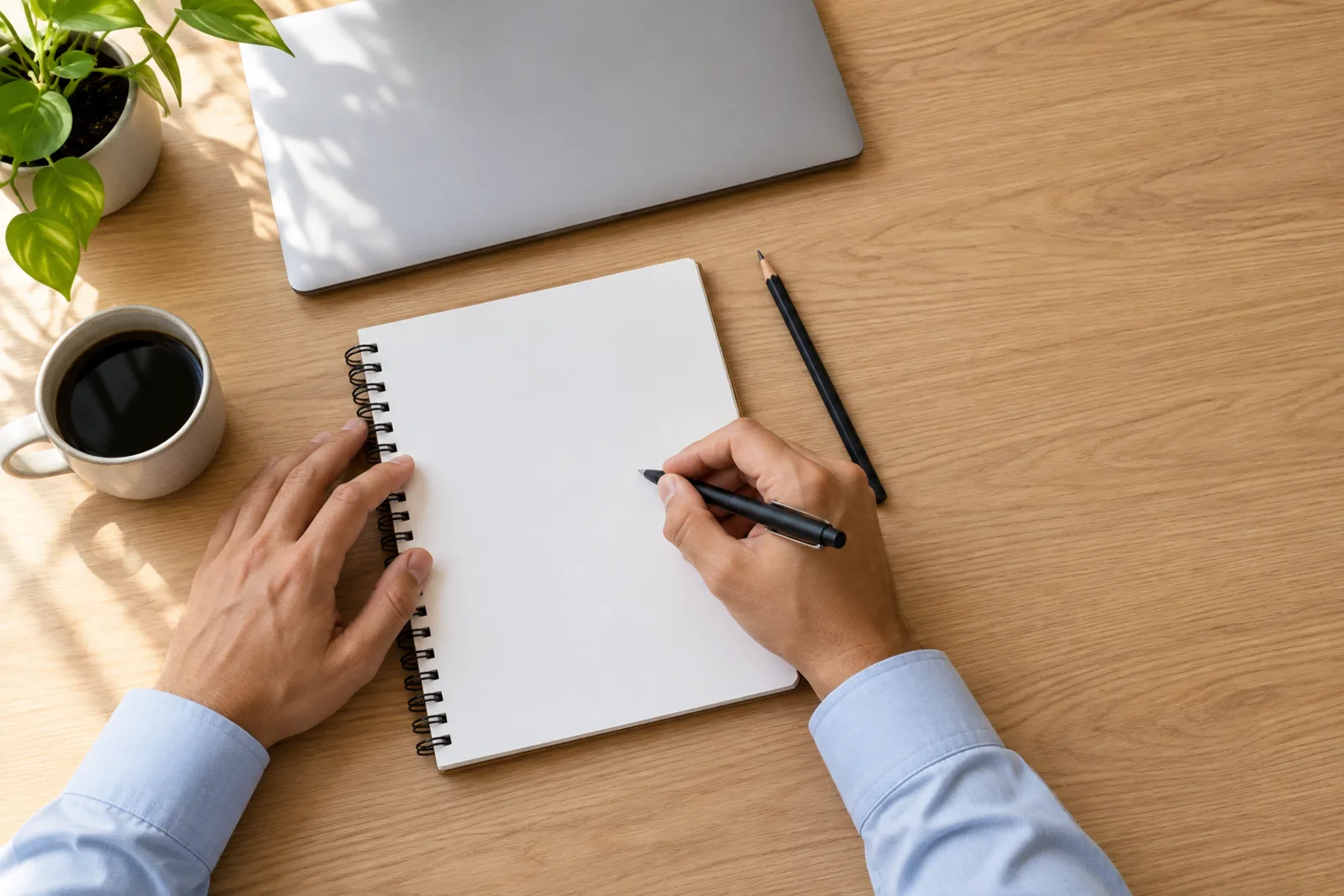 Hands writing a software project brief in a notebook beside a laptop