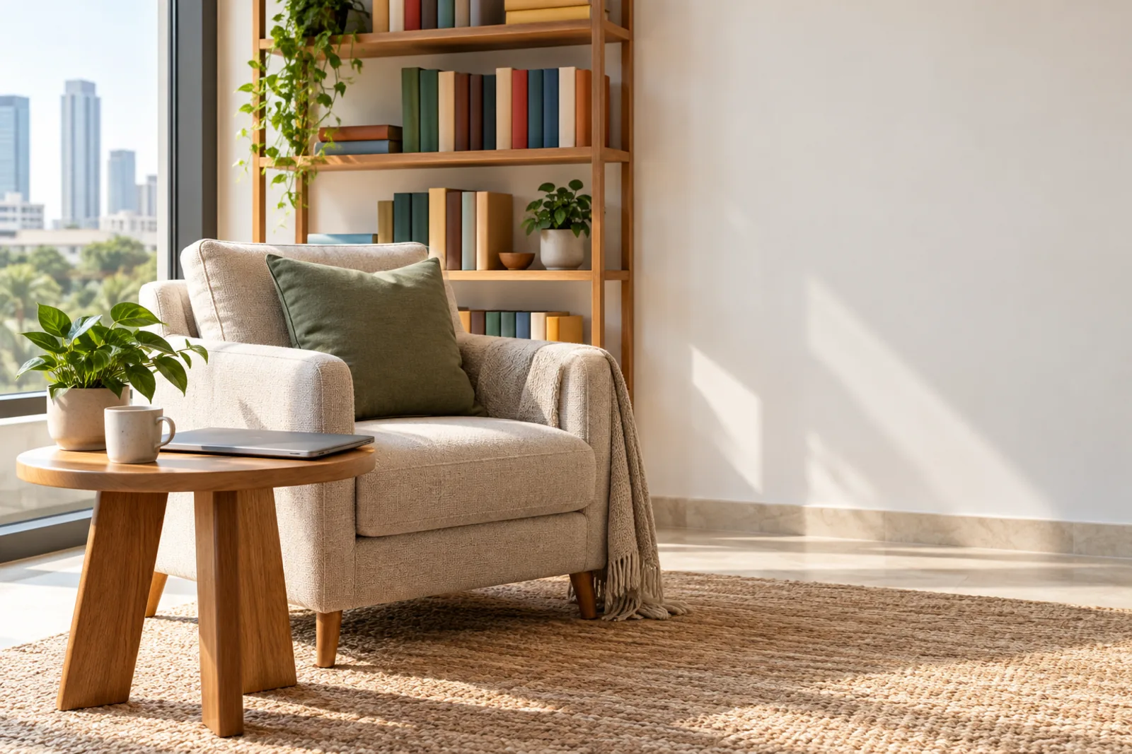 A quiet reading corner with an armchair, books and a notebook