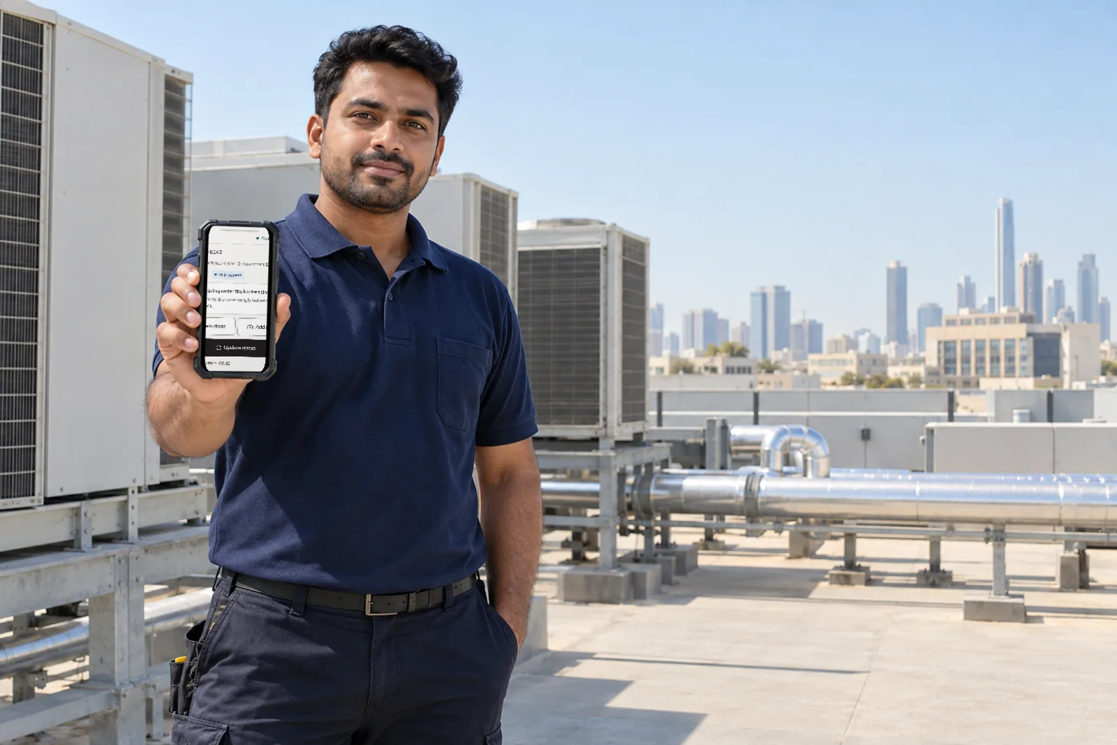 A technician on a rooftop holding a phone with the EXO Estates technician work-order app