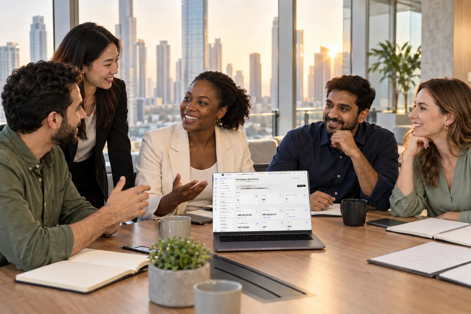 A product team discussing around a laptop showing the EXO NODES back office, in a bright office in Sharjah