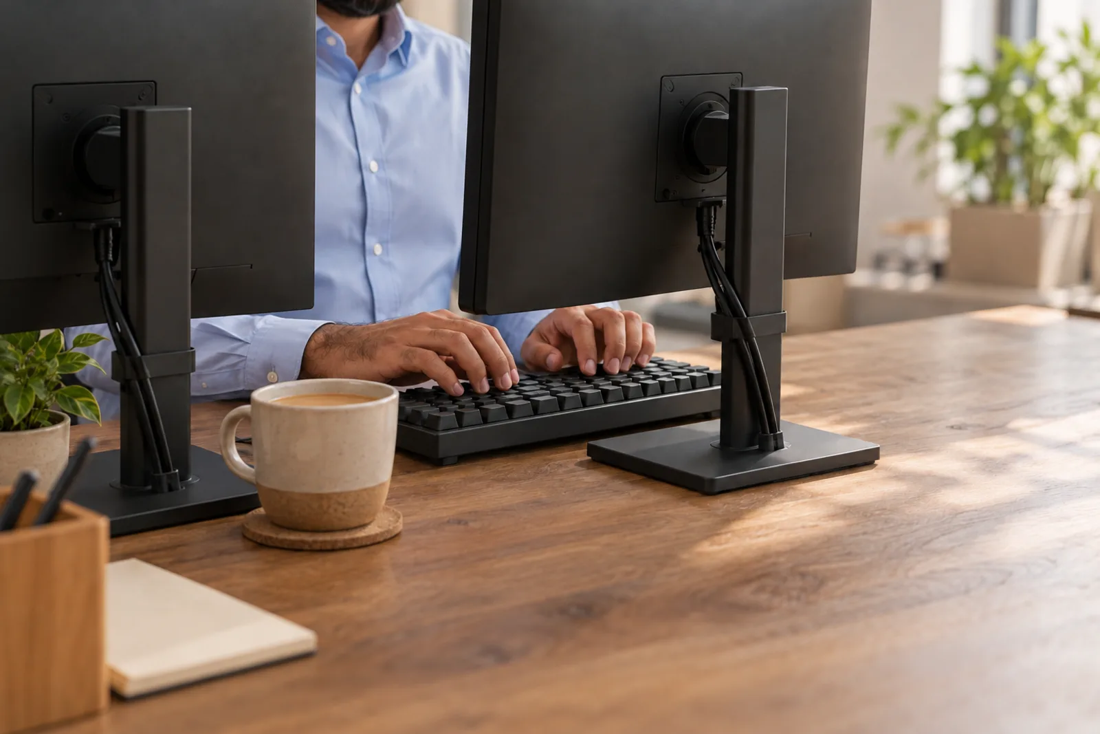 A developer working across two monitors with a cup of karak tea on the desk