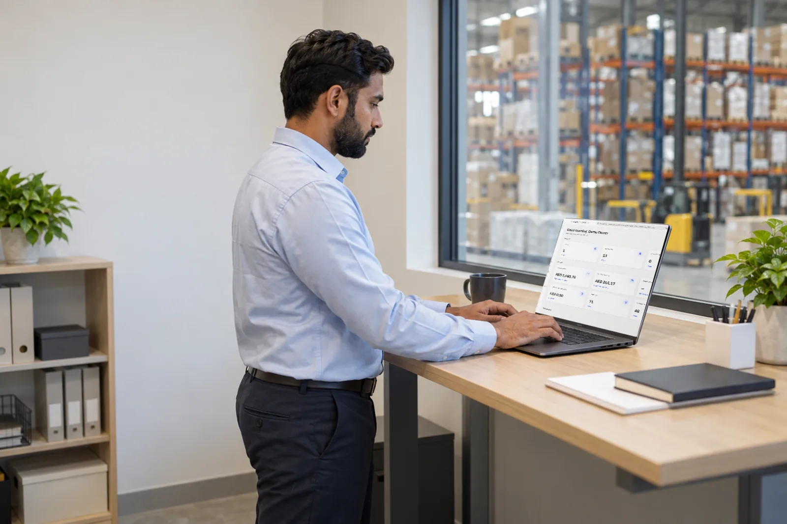 An operations manager at a standing desk overlooking a warehouse, with back-office software on screen