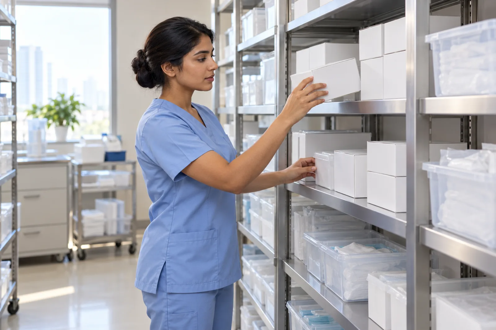 A nurse checking supplies on the shelves of a clinic store room
