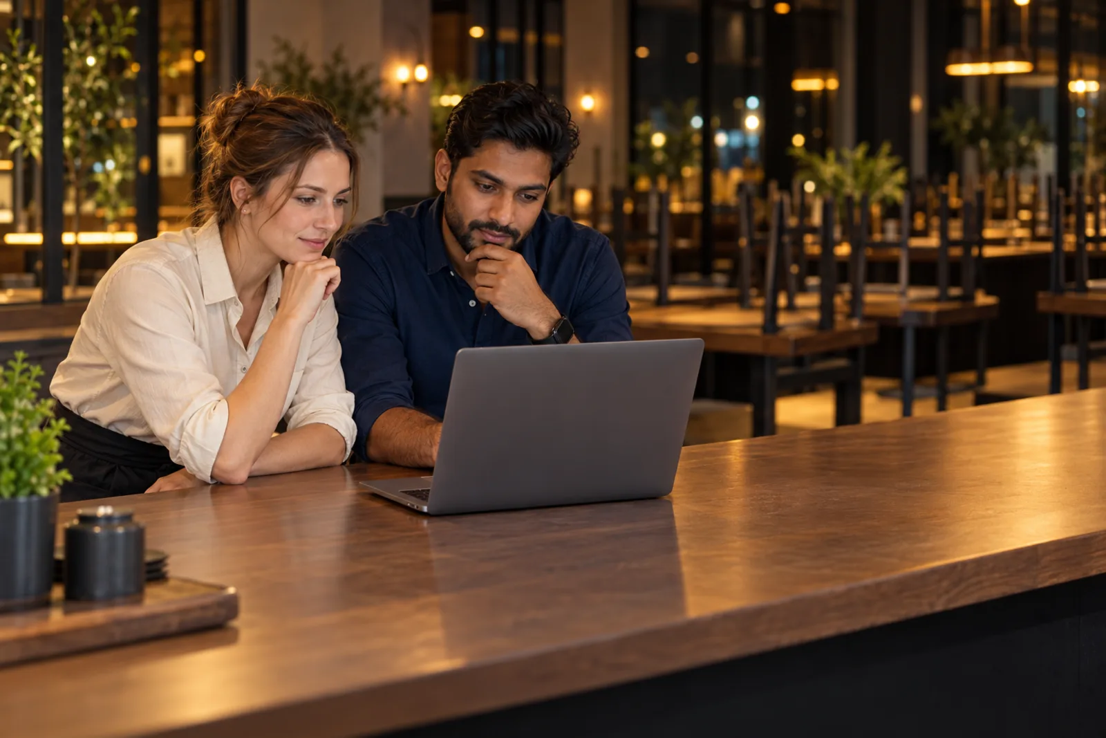 A restaurant owner and a developer talking at the counter after hours