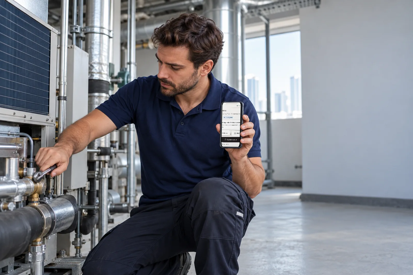 A facility technician fixing an air-conditioning unit while holding a phone with a work-order app